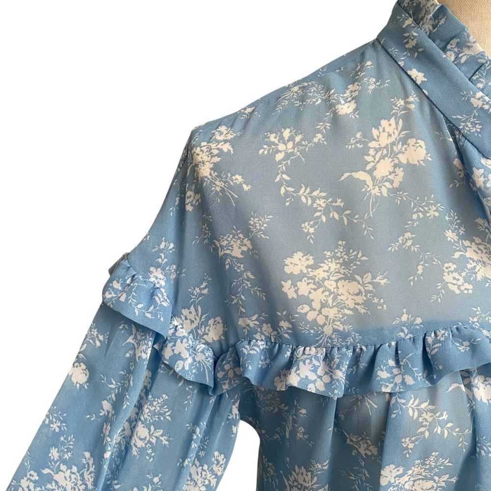 Zara Blue Floral Ruffle Button Front Blouse Size S - Picture 7 of 16
